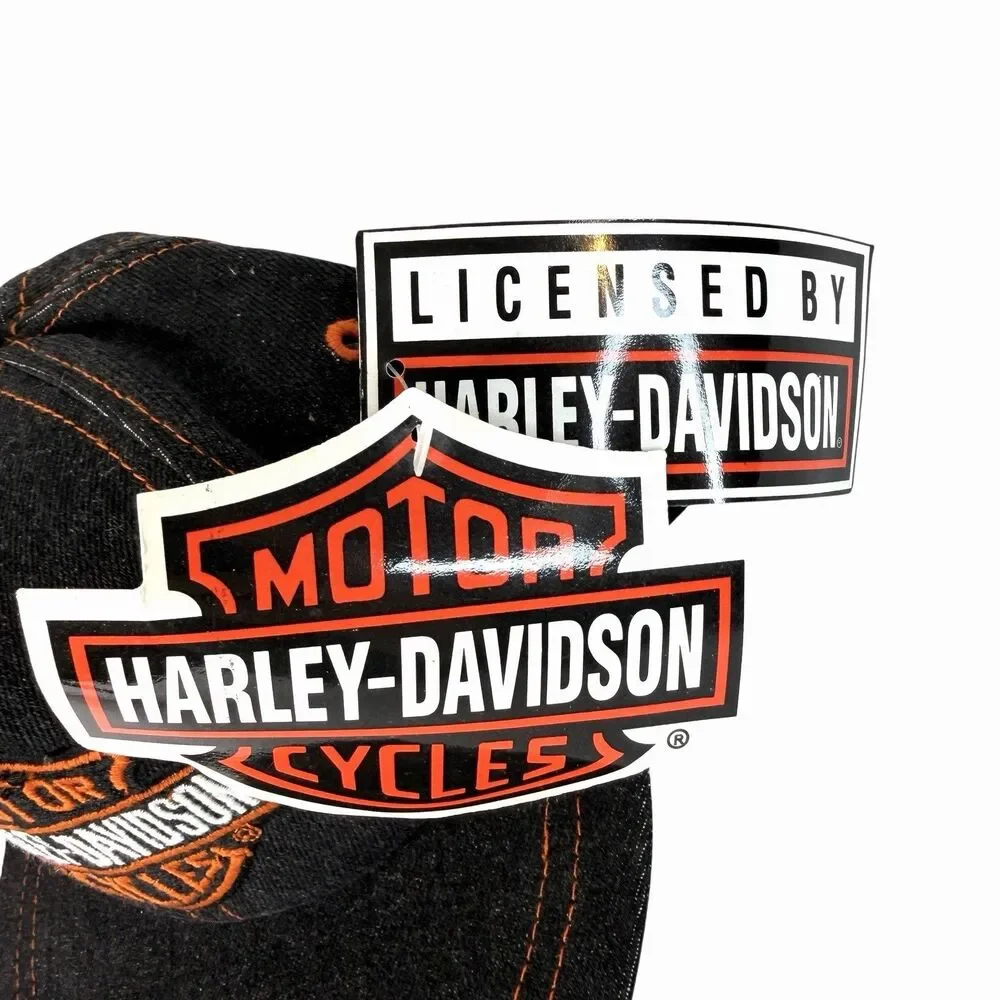 Harley Davidson Bar & Shield Snapback Vtg Denim Jean Hat Cap Black Orange Youth